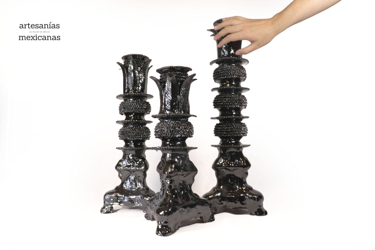 Set de 3 Candeleros negros con hojas - Barro vidriado Candelabros