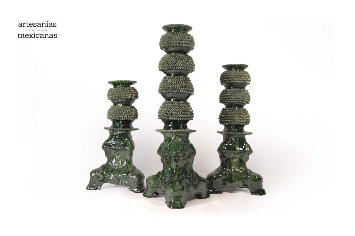 Set de 3 Candeleros verdes - Barro vidriado Candelabros