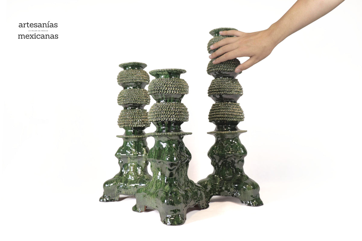 Set de 3 Candeleros verdes - Barro vidriado Candelabros