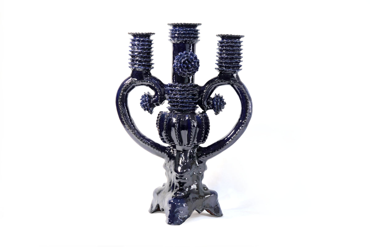 Candelero de 3 velas corazón Azul - 42 cm. - Barro vidriado - Sobre Pedido 5+ Pz Candelabros