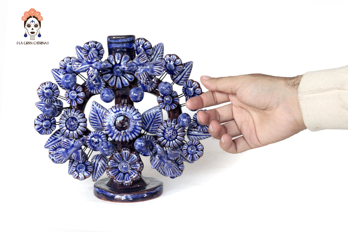 Candil azul de 1 velas - Barro vidriado - 22 cm. 8.6 in. Candelabros