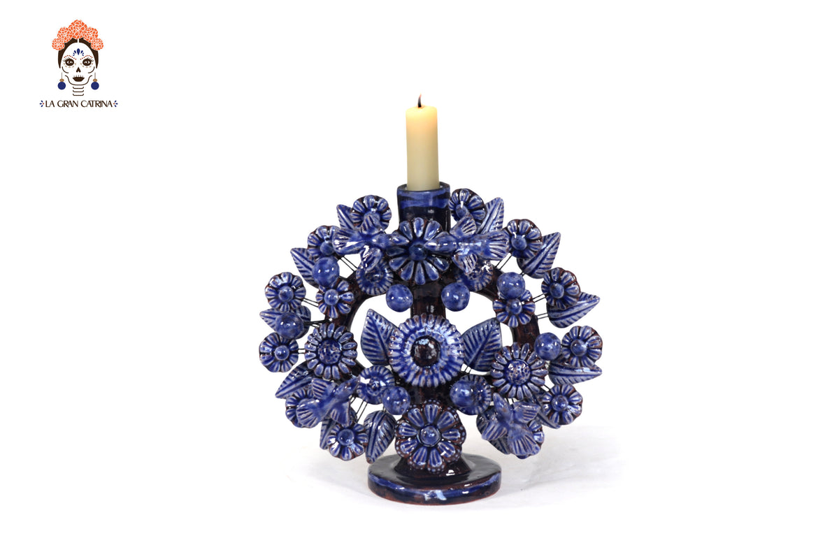 Candil azul de 1 velas - Barro vidriado - 22 cm. 8.6 in. Candelabros