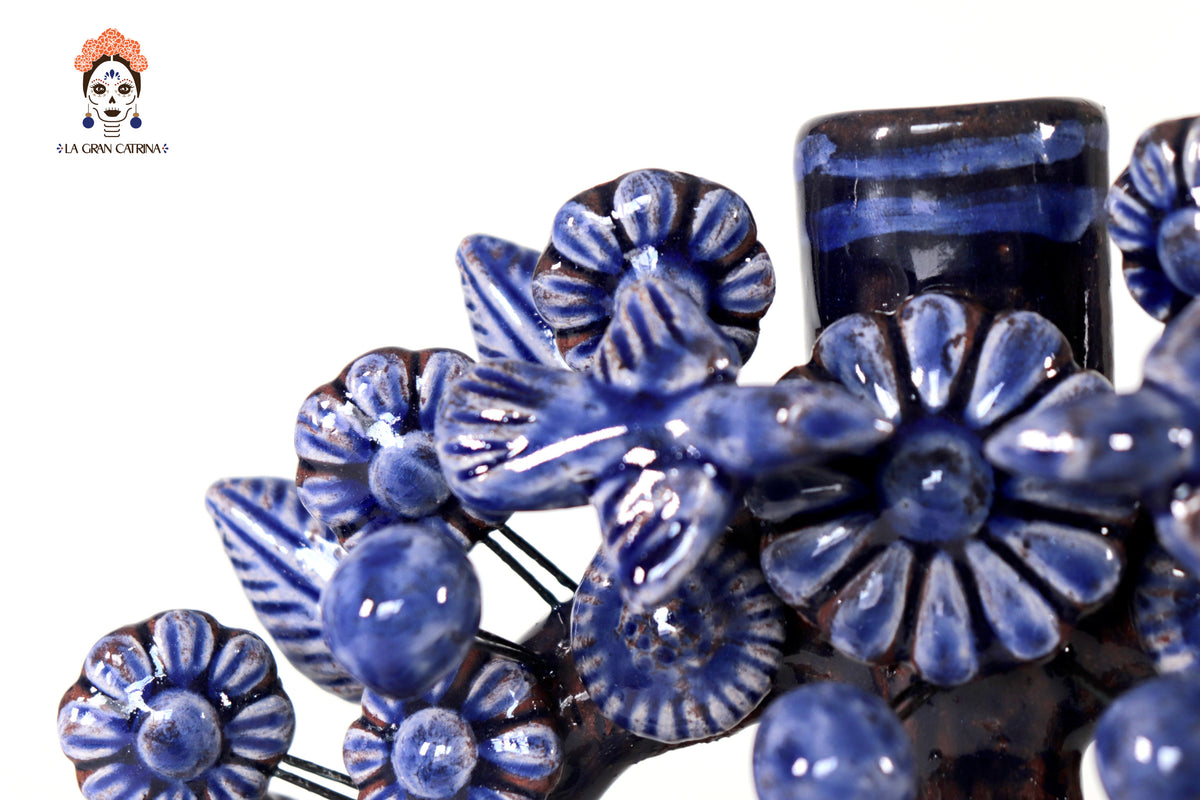 Candil azul de 1 velas - Barro vidriado - 22 cm. 8.6 in. Candelabros