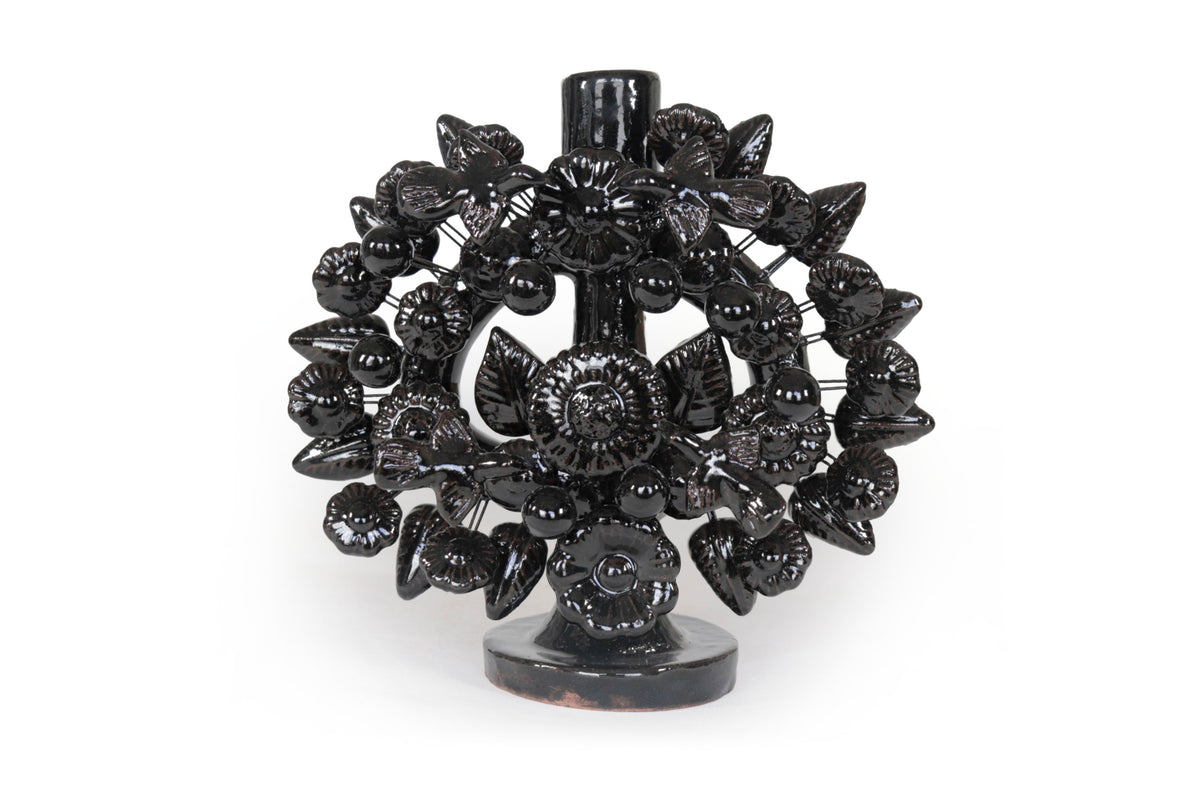 Candil negro de 1 velas - Barro vidriado - 22 cm. 8.6 in. Candelabros