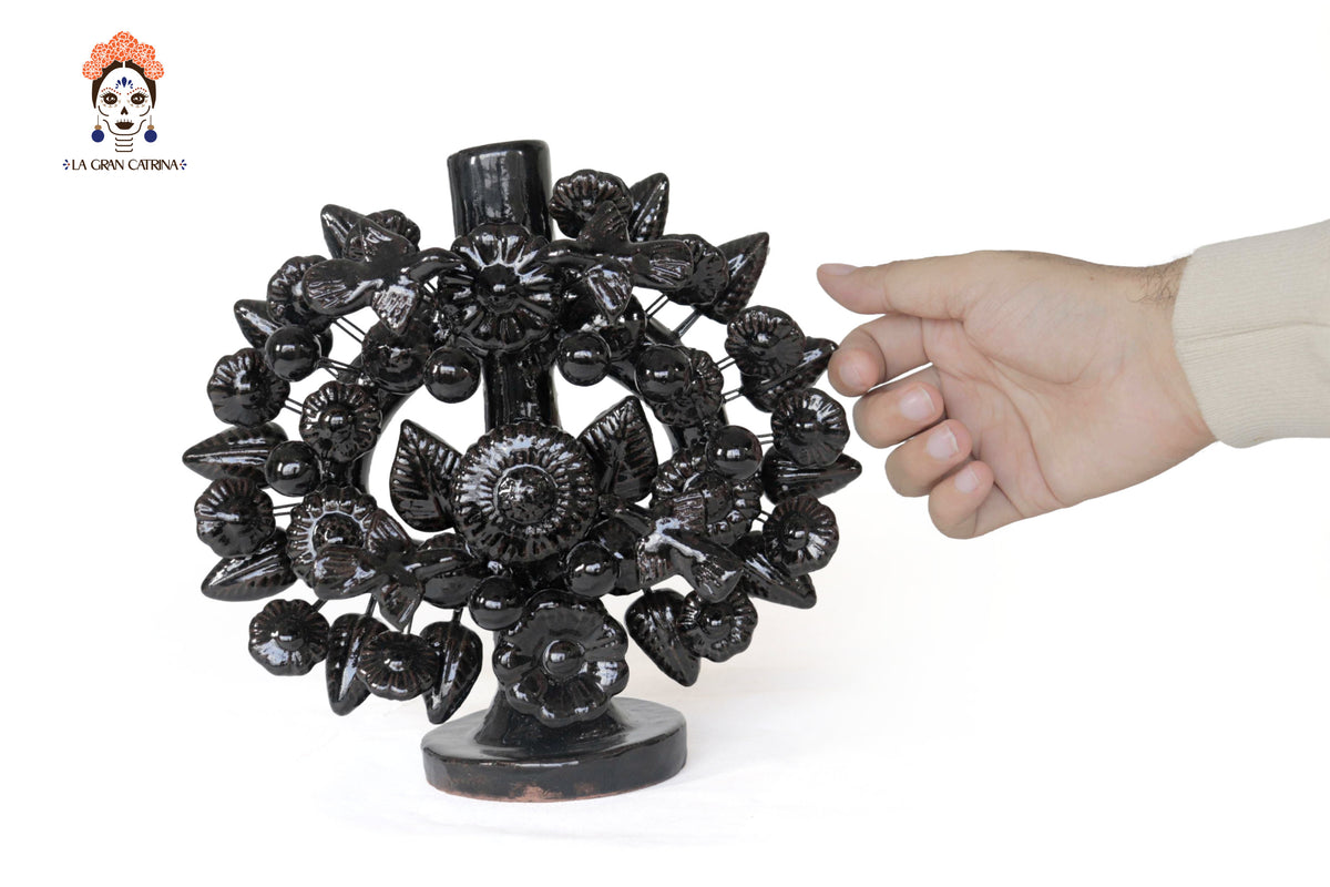 Candil negro de 1 velas - Barro vidriado - 22 cm. 8.6 in. Candelabros