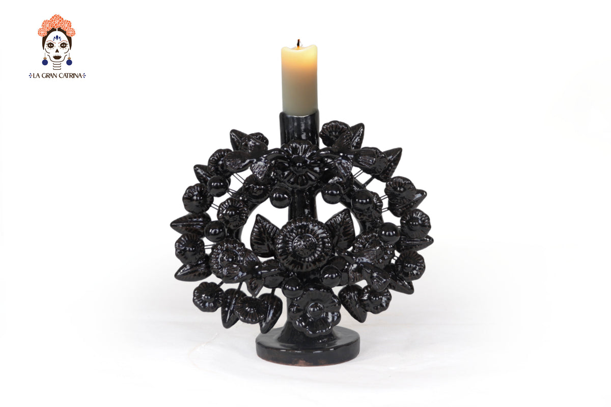 Candil negro de 1 velas - Barro vidriado - 22 cm. 8.6 in. Candelabros