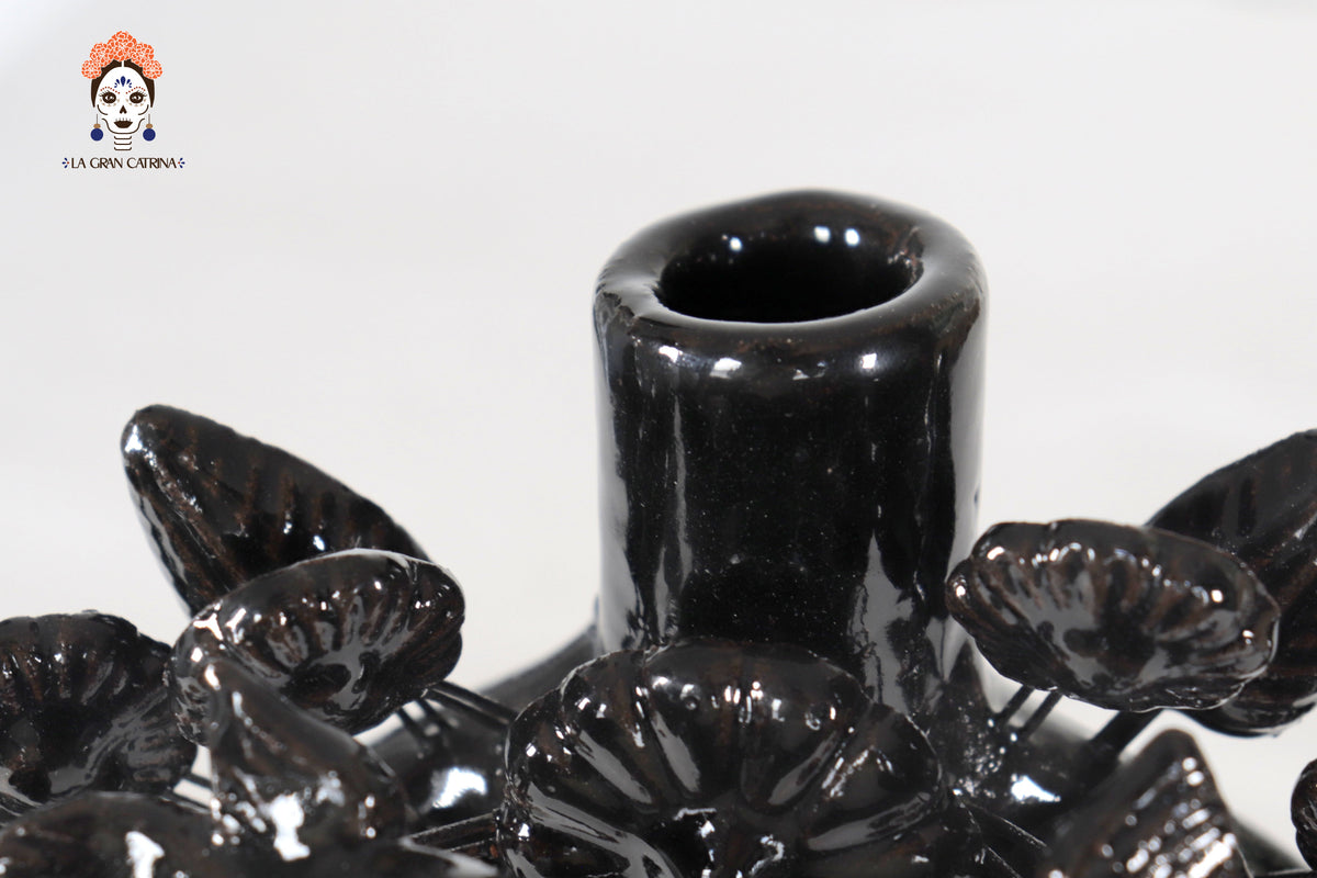 Candil negro de 1 velas - Barro vidriado - 22 cm. 8.6 in. Candelabros