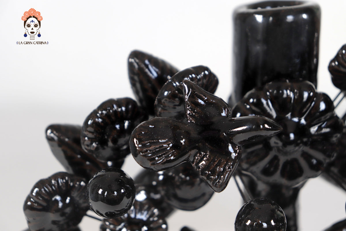 Candil negro de 1 velas - Barro vidriado - 22 cm. 8.6 in. Candelabros