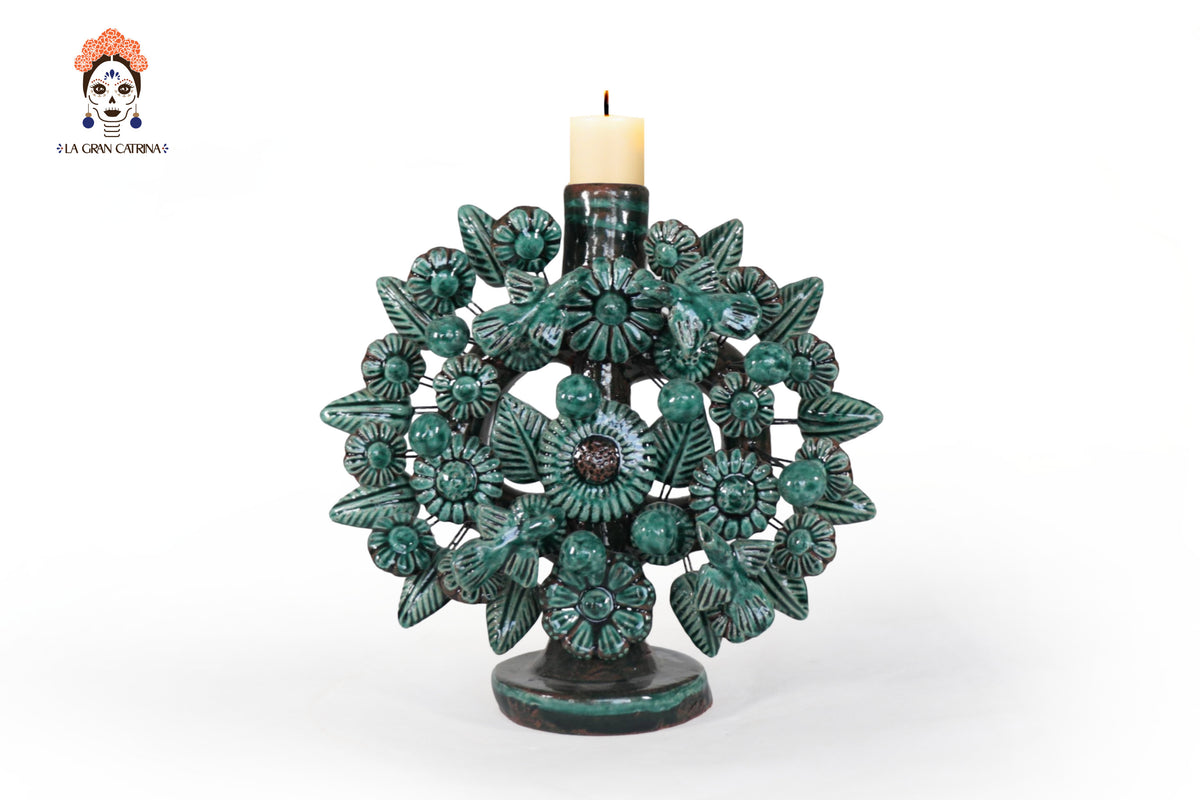 Candil verde de 1 velas - Barro vidriado - 22 cm. 8.6 in. Candelabros