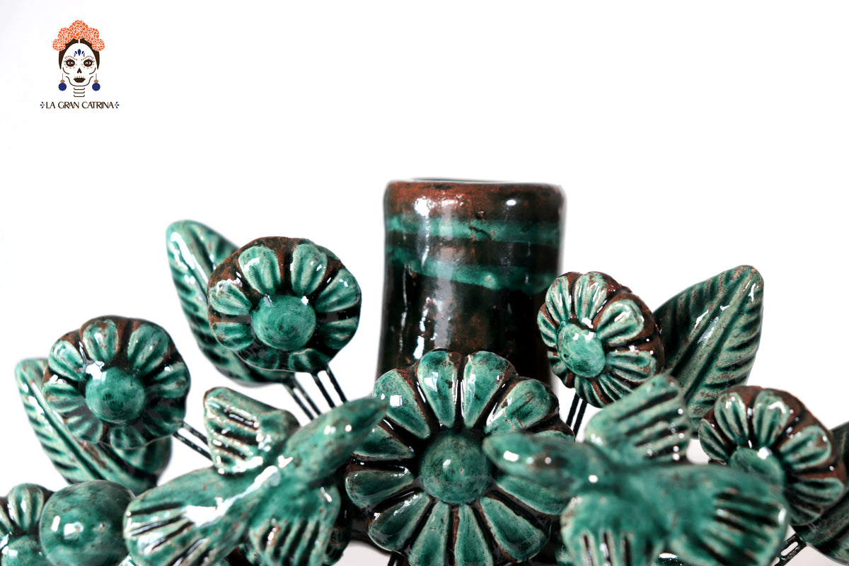 Candil verde de 1 velas - Barro vidriado - 22 cm. 8.6 in. Candelabros