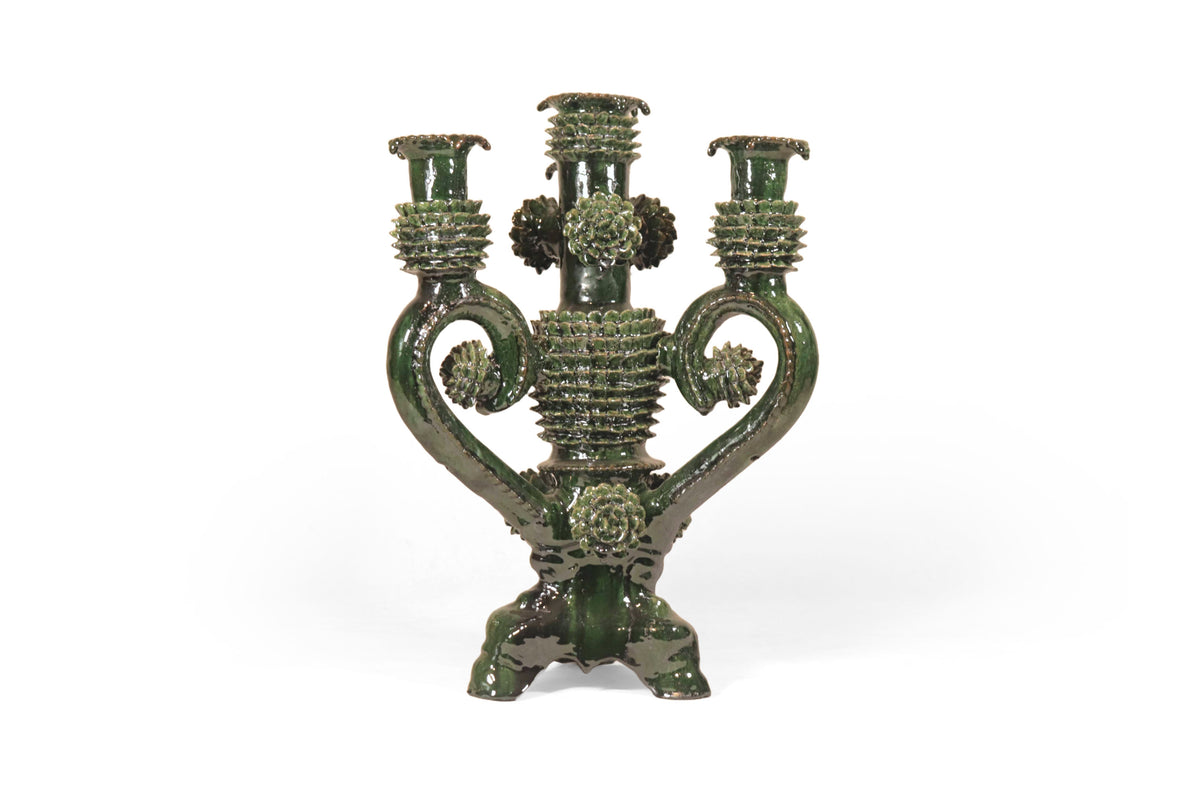 Candelero verde de 4 velas - Barro vidriado - 41 cm. 16 in. Candelabros