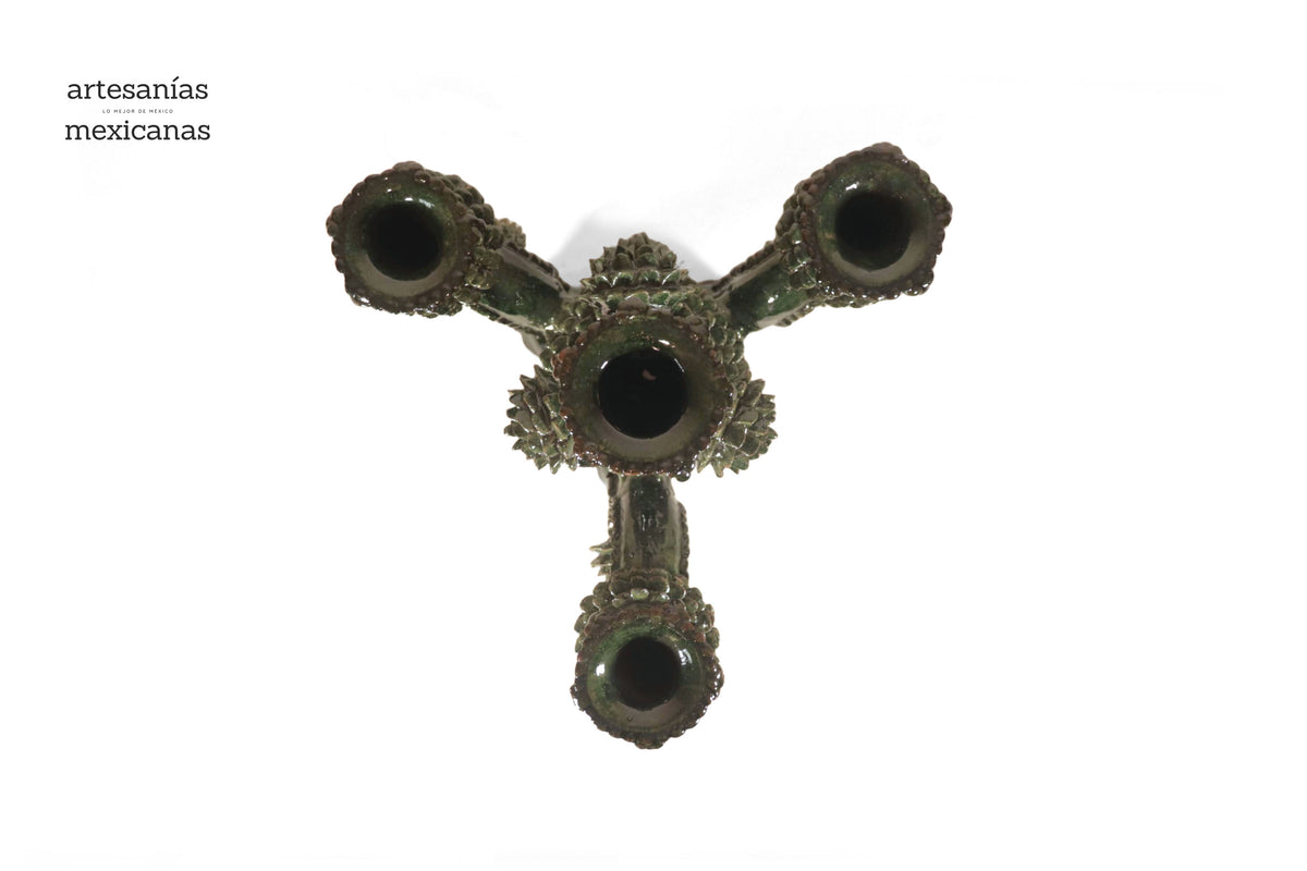 Candelero verde de 4 velas - Barro vidriado - 41 cm. 16 in. Candelabros