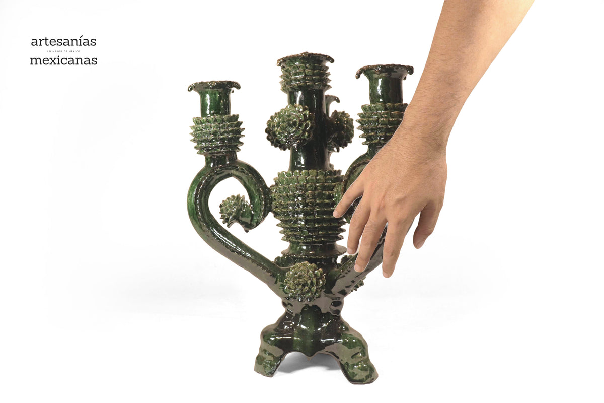 Candelero verde de 4 velas - Barro vidriado - 41 cm. 16 in. Candelabros