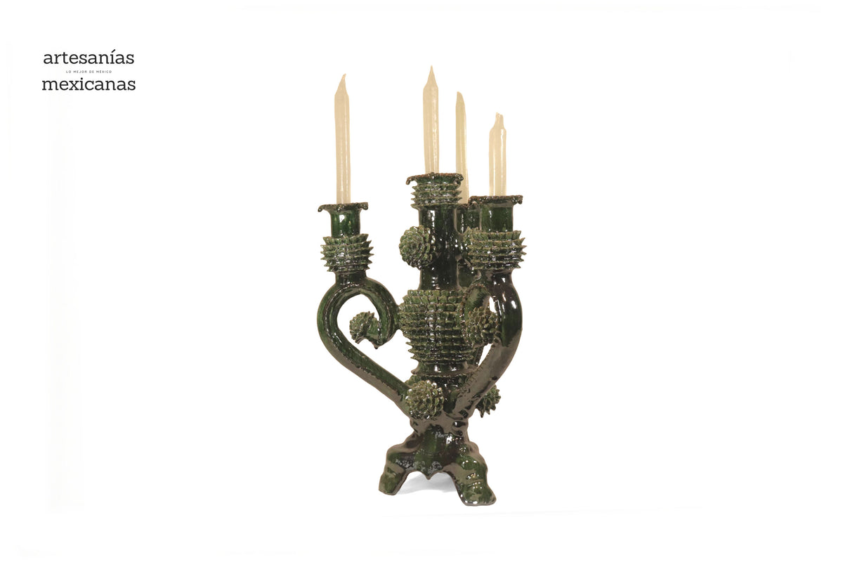 Candelero verde de 4 velas - Barro vidriado - 41 cm. 16 in. Candelabros