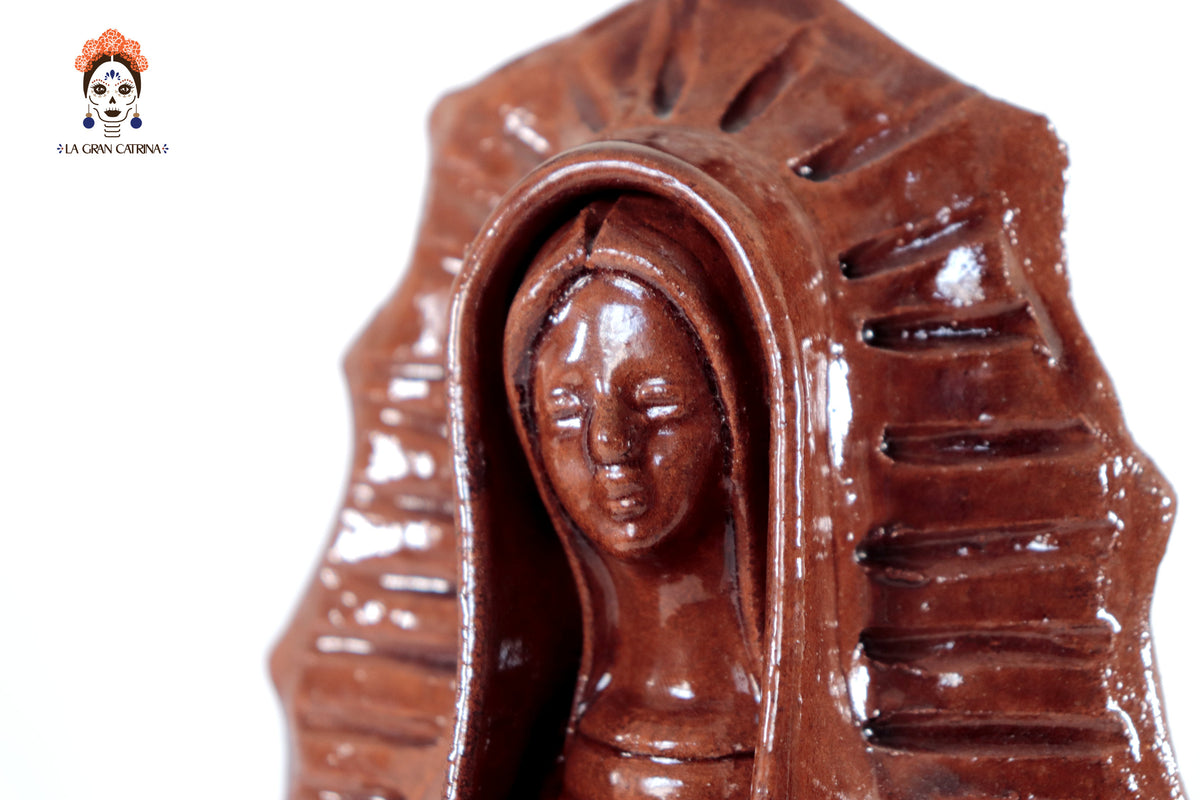 Virgen de Guadalupe - Barro Vidriado color café - 30 Cm. 11.8 in. Vidriado Santa Fe