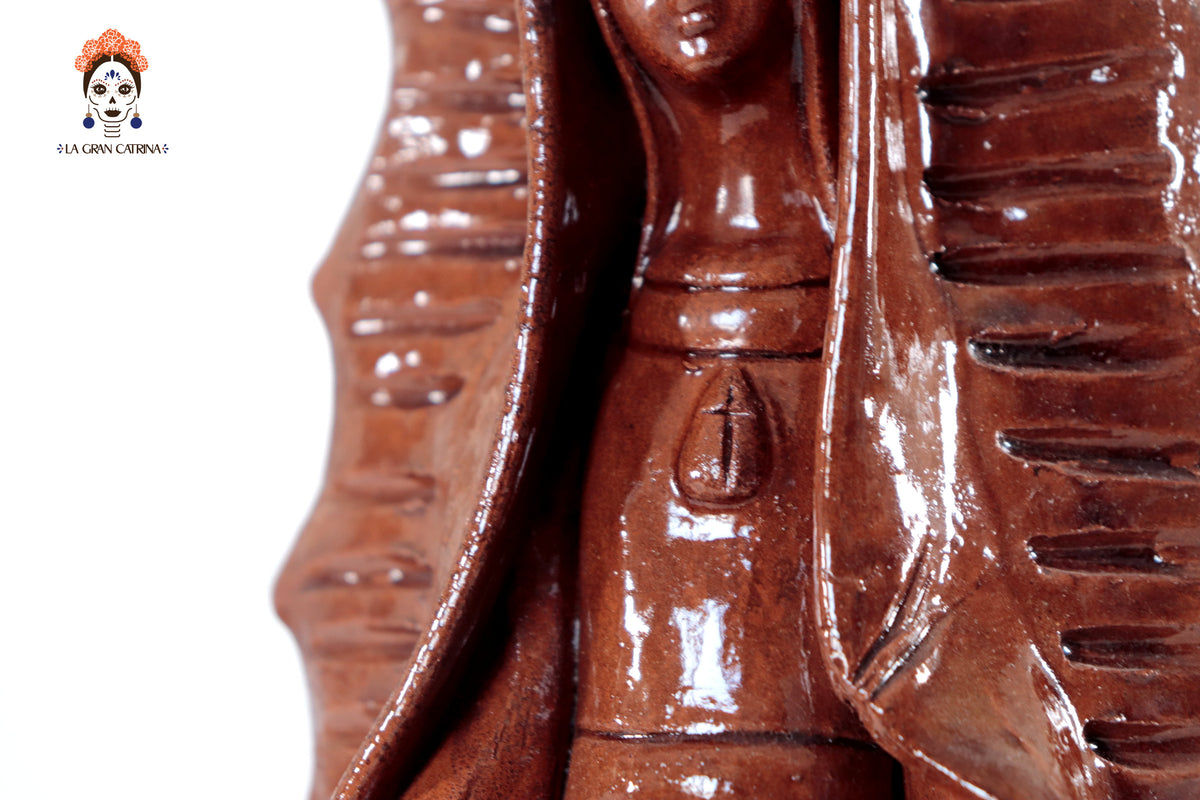 Virgen de Guadalupe - Barro Vidriado color café - 30 Cm. 11.8 in. Vidriado Santa Fe