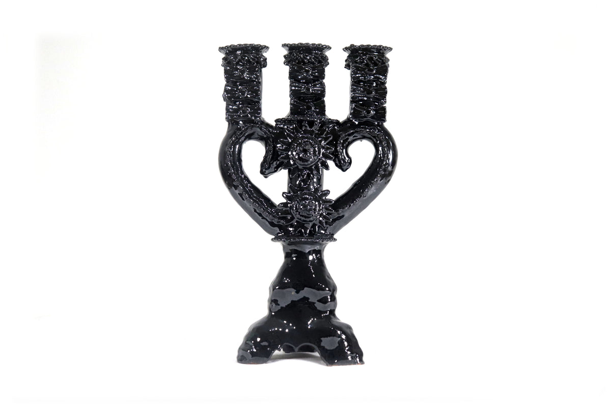 Candelero de 3 velas corazón Negro - 35 cm. - Barro vidriado Candelabros