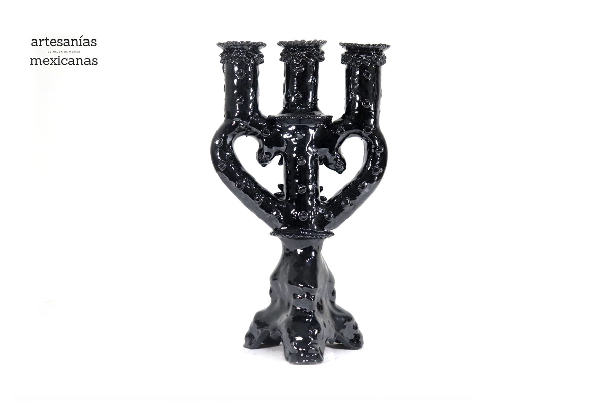Candelero de 3 velas corazón Negro - 35 cm. - Barro vidriado Candelabros