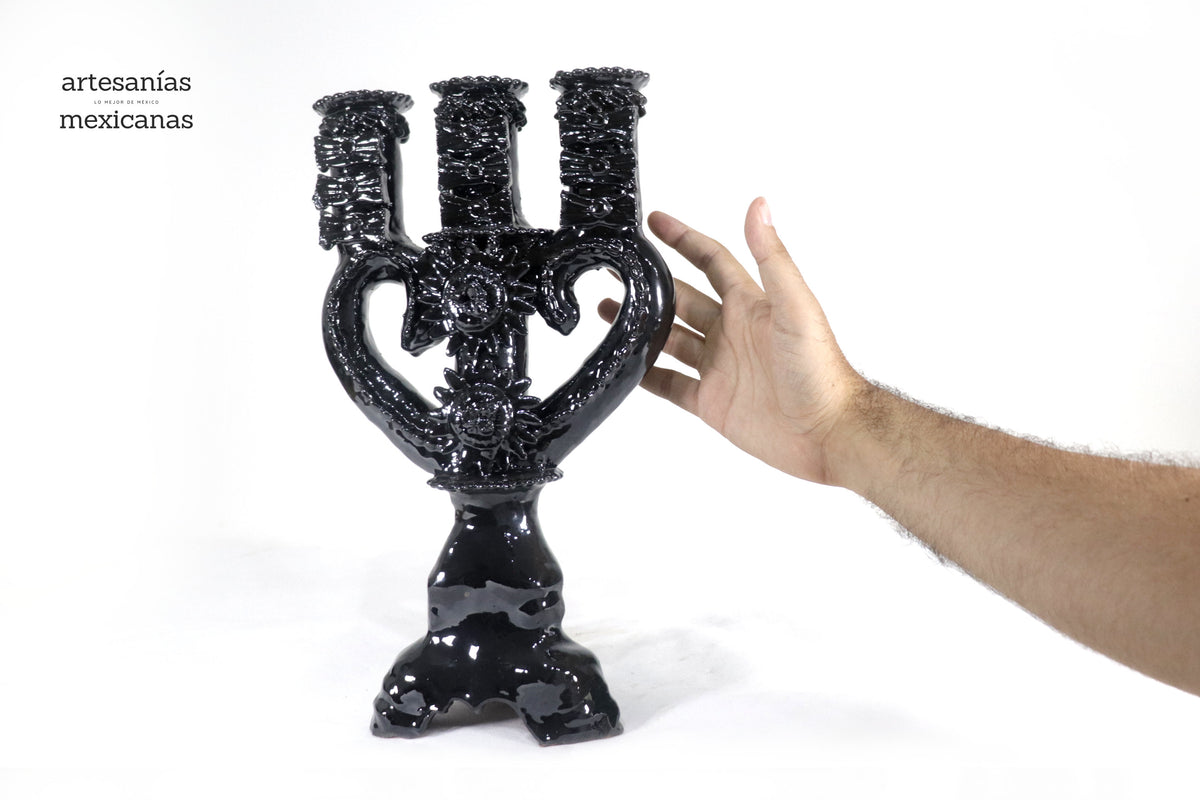 Candelero de 3 velas corazón Negro - 35 cm. - Barro vidriado Candelabros