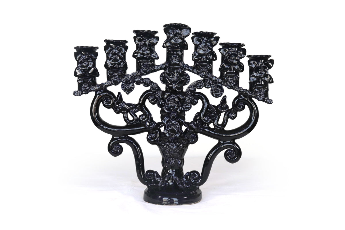 Candelero azul de 7 velas - Barro vidriado - 40 cm. 15.7 in.