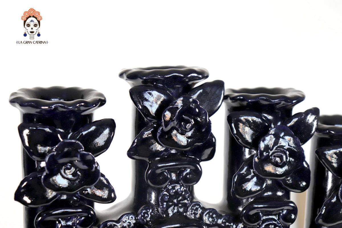 Candelero azul de 7 velas - Barro vidriado - 40 cm. 15.7 in.