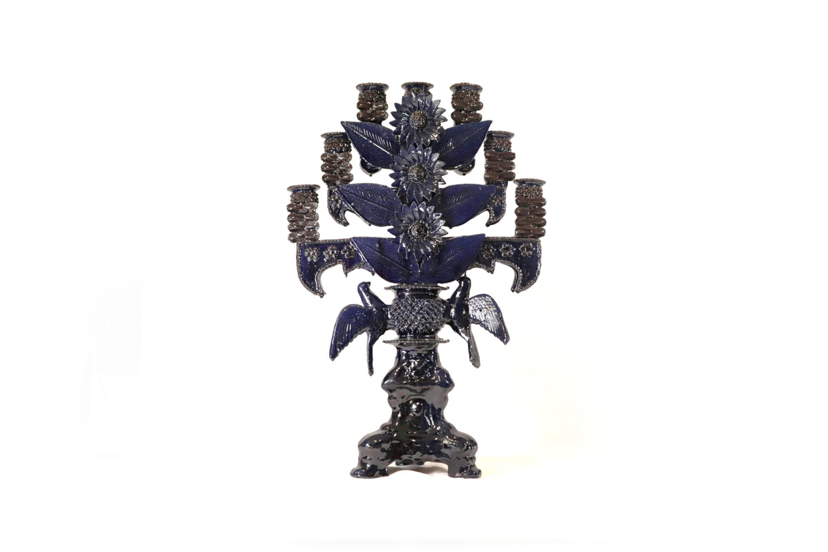 Candelero azul de 7 velas - Barro vidriado - 70 cm. 28 in. Candelabros