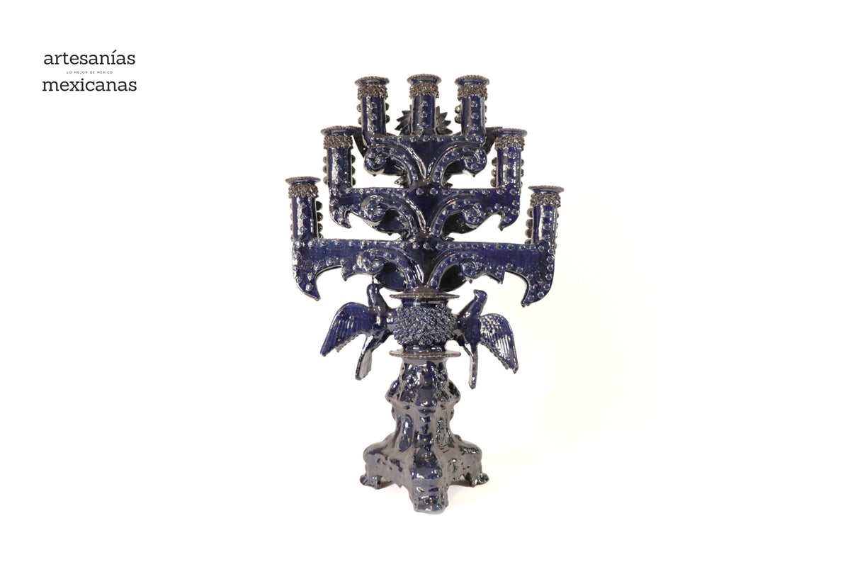 Candelero azul de 7 velas - Barro vidriado - 70 cm. 28 in. Candelabros