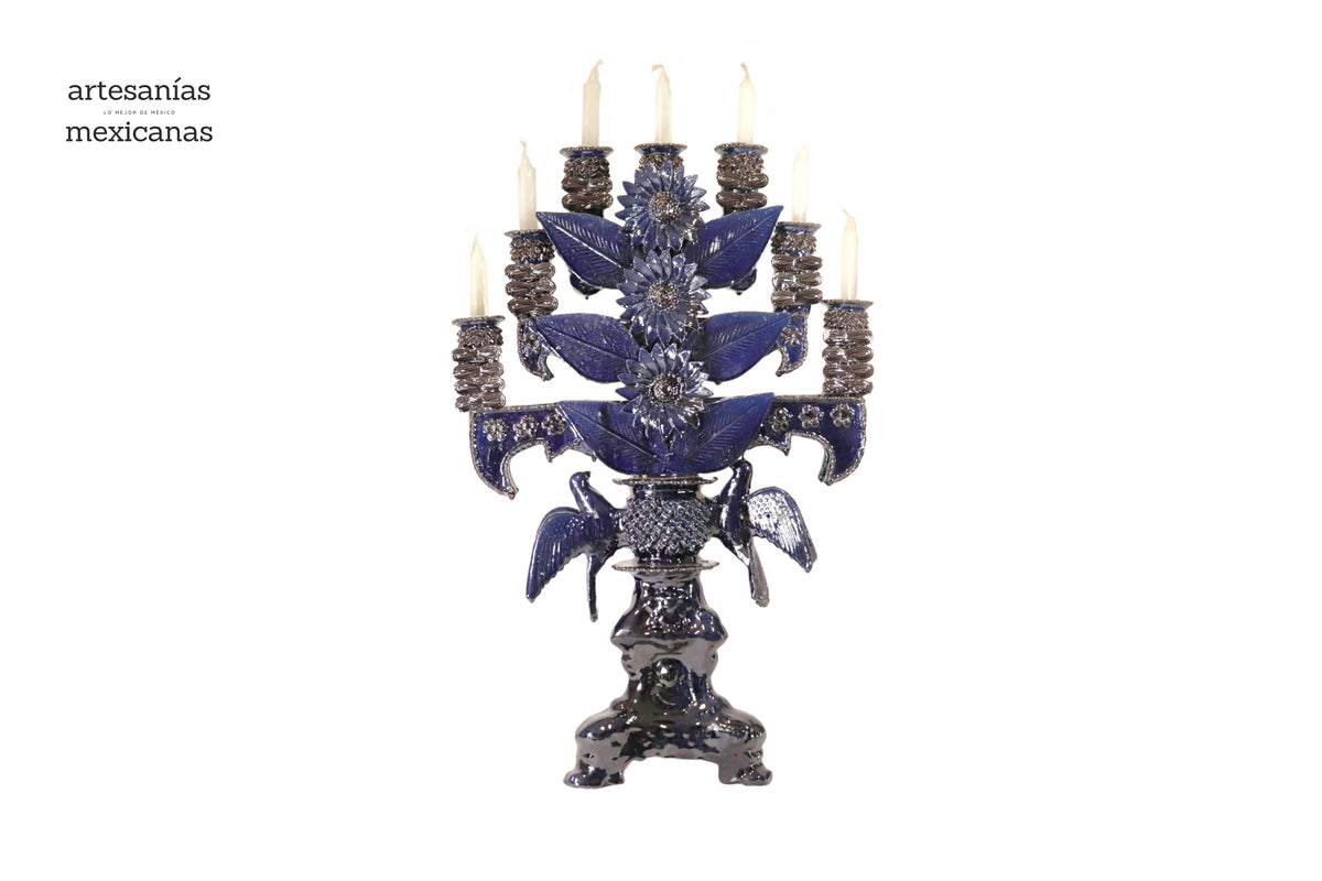 Candelero azul de 7 velas - Barro vidriado - 70 cm. 28 in. Candelabros