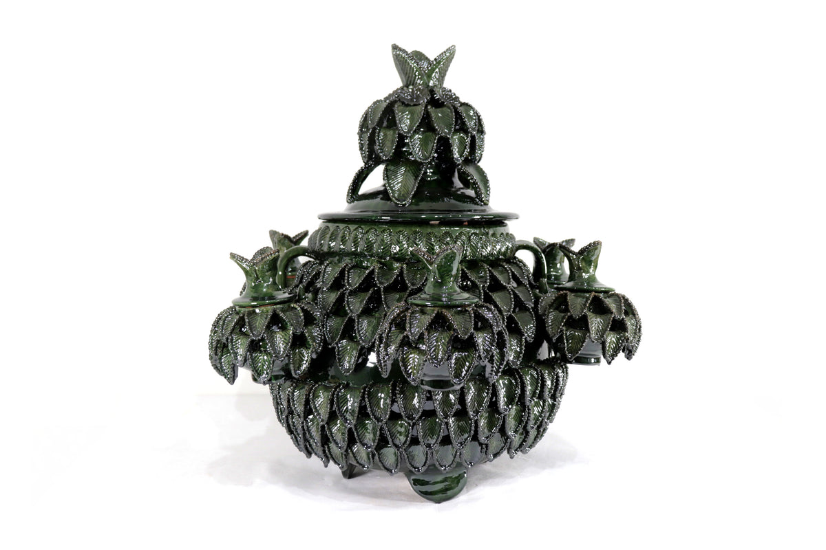 Ponchera verde de hojas vidriada con jarritos de barro - 50 cm. 20 in. Piña