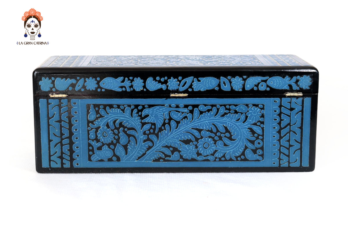 Caja de Olinalá Hecha a Mano – Baúl Decorativo Azul con Arte Floral Tradicional 33 cm. 12.9 in. Olinala