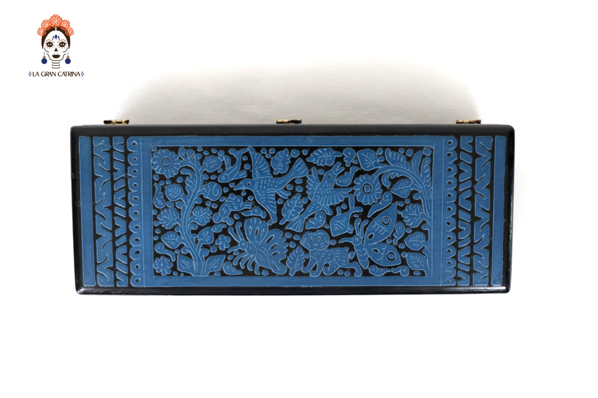 Caja de Olinalá Hecha a Mano – Baúl Decorativo Azul con Arte Floral Tradicional 33 cm. 12.9 in. Olinala