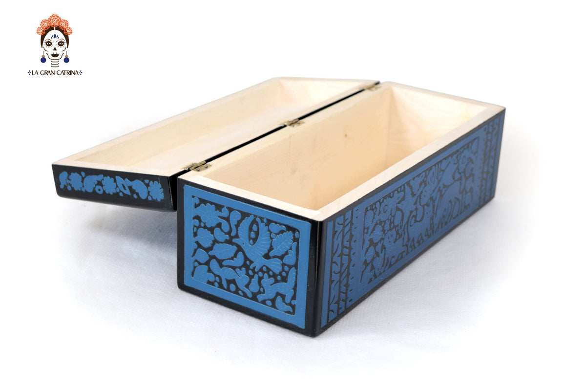 Caja de Olinalá Hecha a Mano – Baúl Decorativo Azul con Arte Floral Tradicional 33 cm. 12.9 in. Olinala