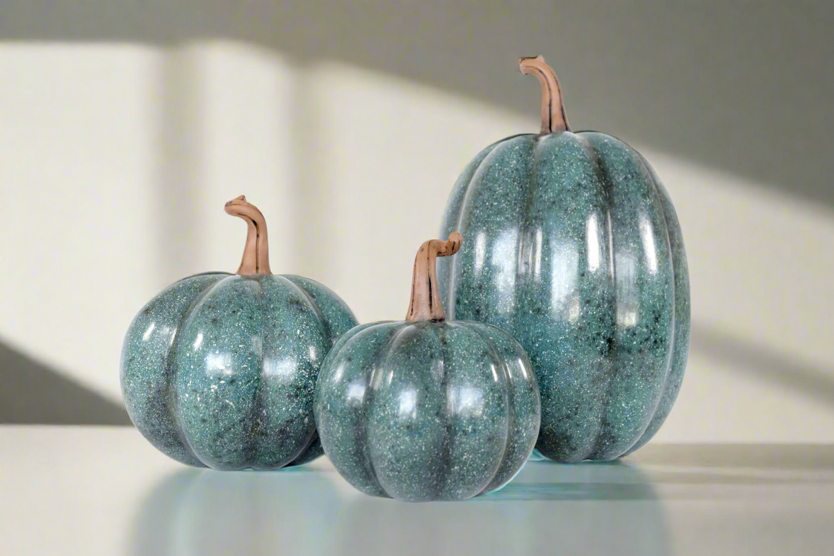 Set 3 Calabazas Artesanales Turquesa Jaspeado 36 Cm. 14.1 In. Calabaza