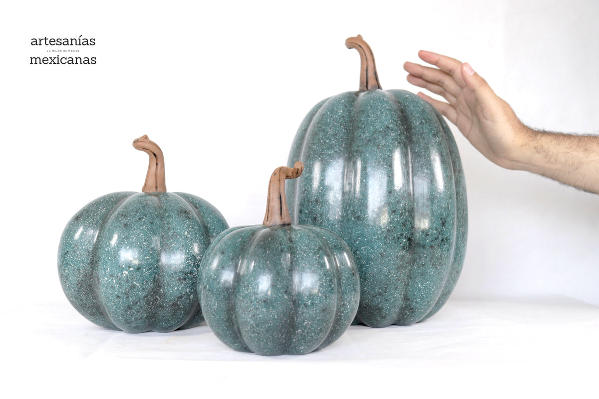 Set 3 Calabazas Artesanales Turquesa Jaspeado 36 Cm. 14.1 In. Calabaza