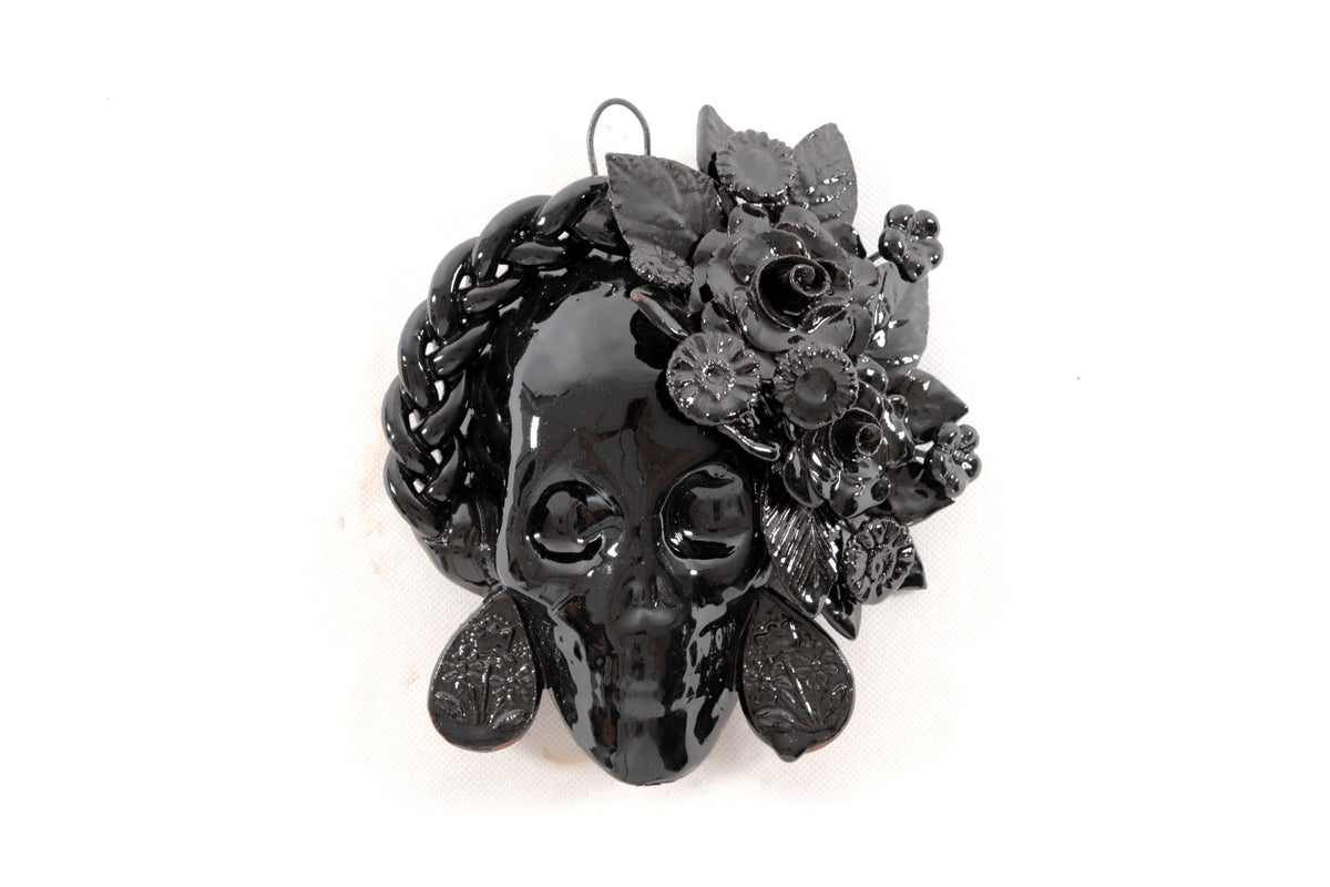 Calavera negra mediana de pared - Barro vidriado - 19.5 cm. 7.6 in.