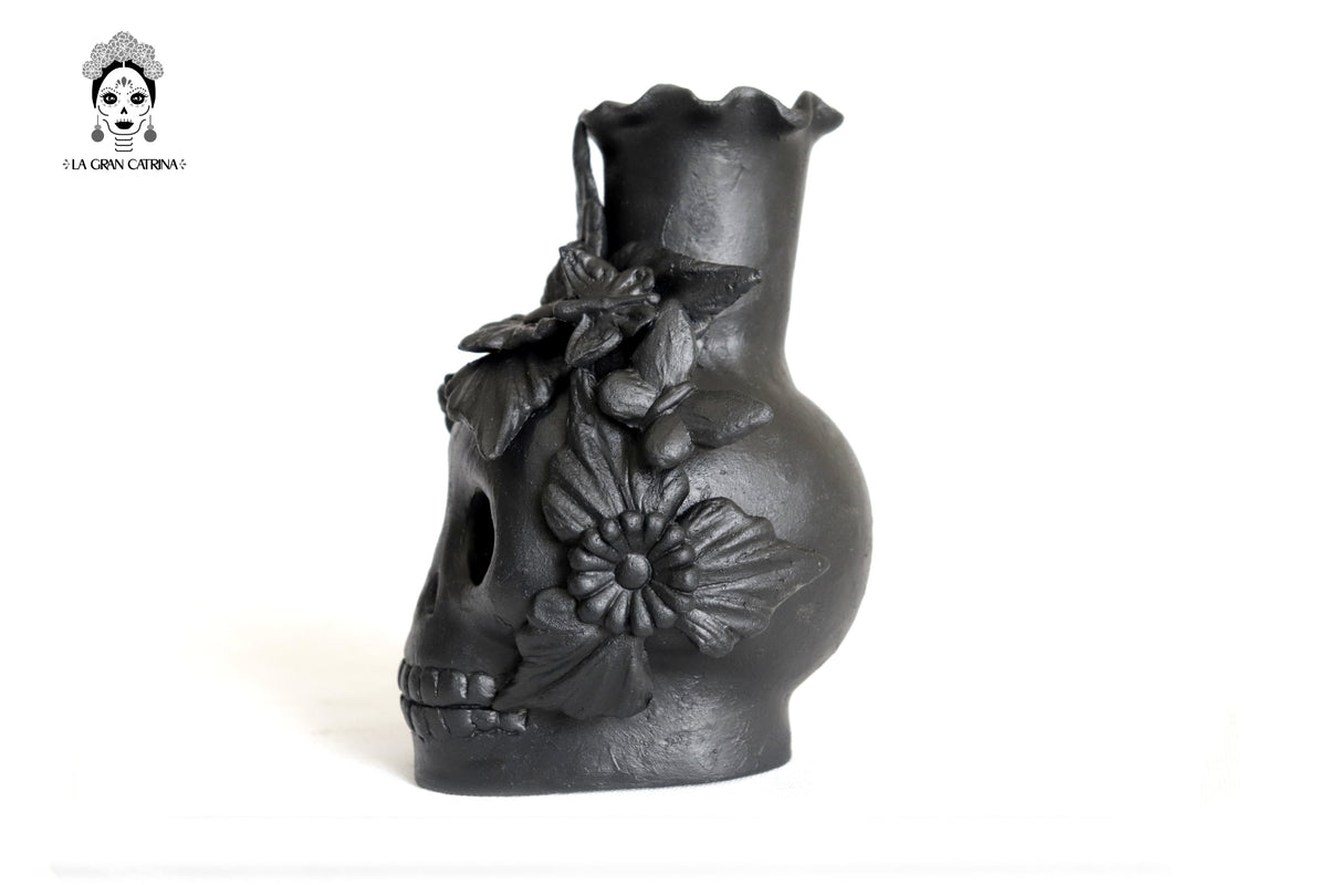Set 3 Candelero Negos Barro Flores Caladas - 16 Cm. 6.5 In Candelabros