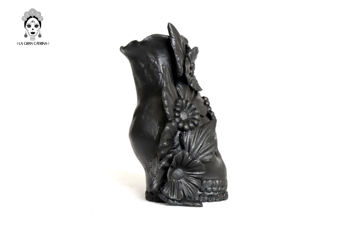 Set 3 Calaveras Negras con Flores de Barro 14 Cm 5.7 In. Candelabros
