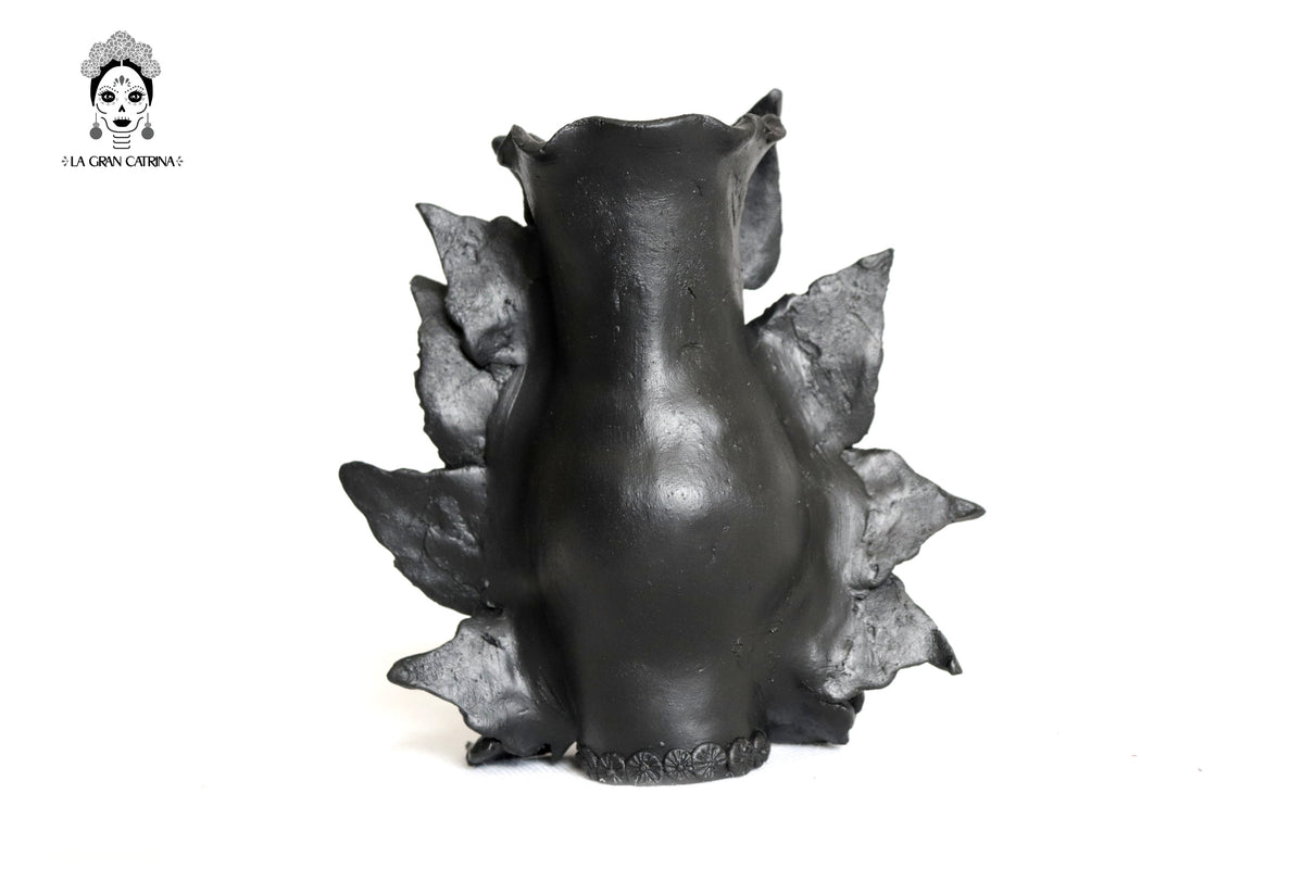 Set 3 Calaveras Negras con Flores de Barro 14 Cm 5.7 In. Candelabros