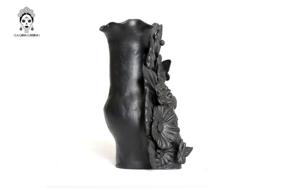 Set 3 Calaveras Negras con Flores de Barro 14 Cm 5.7 In. Candelabros