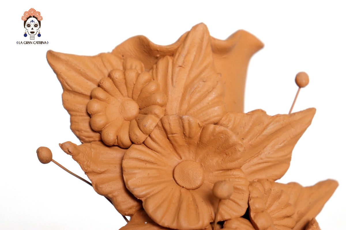 Set 3 Candelero Barro Natural Flores Relieve 14 Cm. 5.5 In. Candelabros