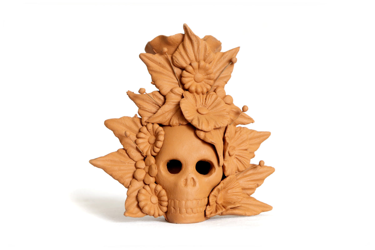Set 3 Candelero Barro Natural Flores Relieve 14 Cm. 5.5 In. Candelabros