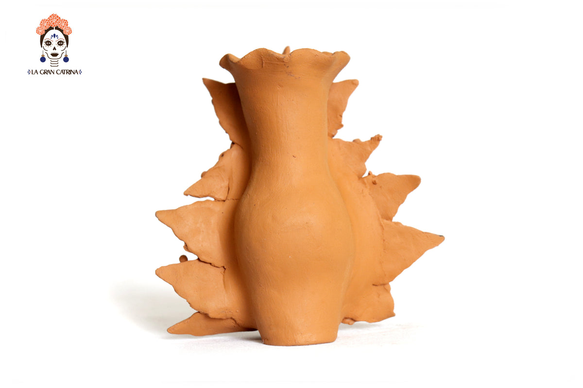 Set 3 Candelero Barro Natural Flores Relieve 14 Cm. 5.5 In. Candelabros