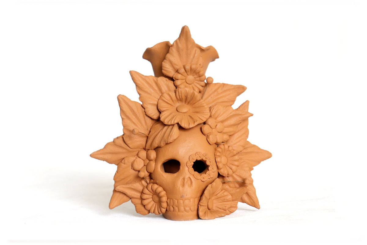 Set 3 Candelero Barro Natural Flores Relieve 14 Cm. 5.5 In. Candelabros