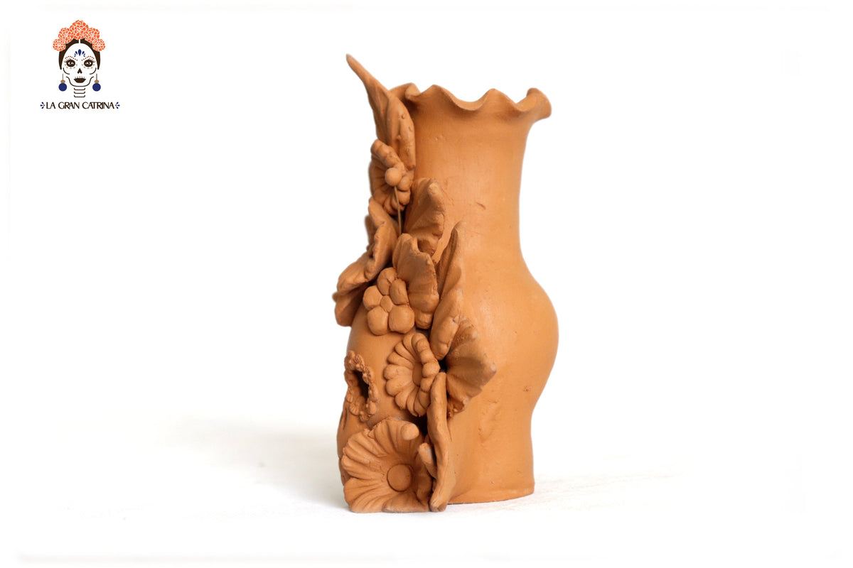 Set 3 Candelero Barro Natural Flores Relieve 14 Cm. 5.5 In. Candelabros