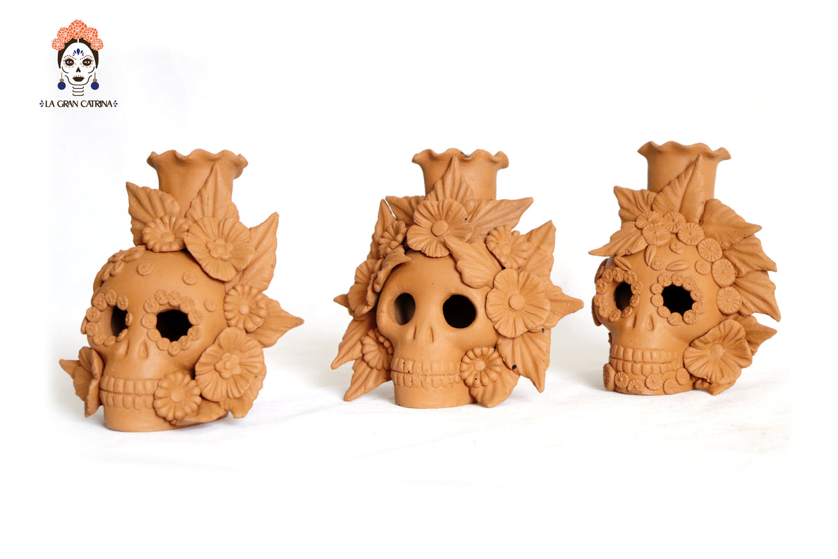 Trío de candeleros medianos naranjas de Día de Muertos para 1 vela Candelabros
