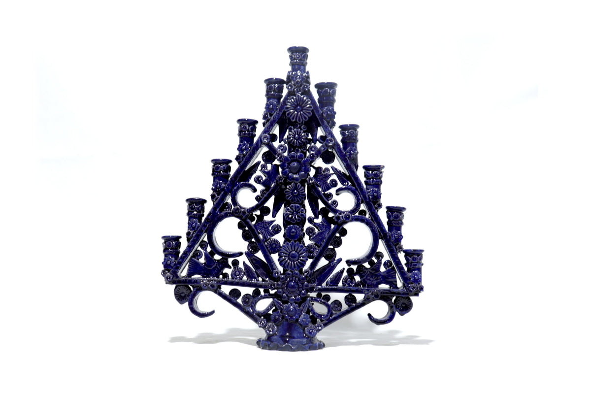 Candelero Triangular azul de 11 velas - Barro vidriado - 50 cm. 20 in. Candelabros