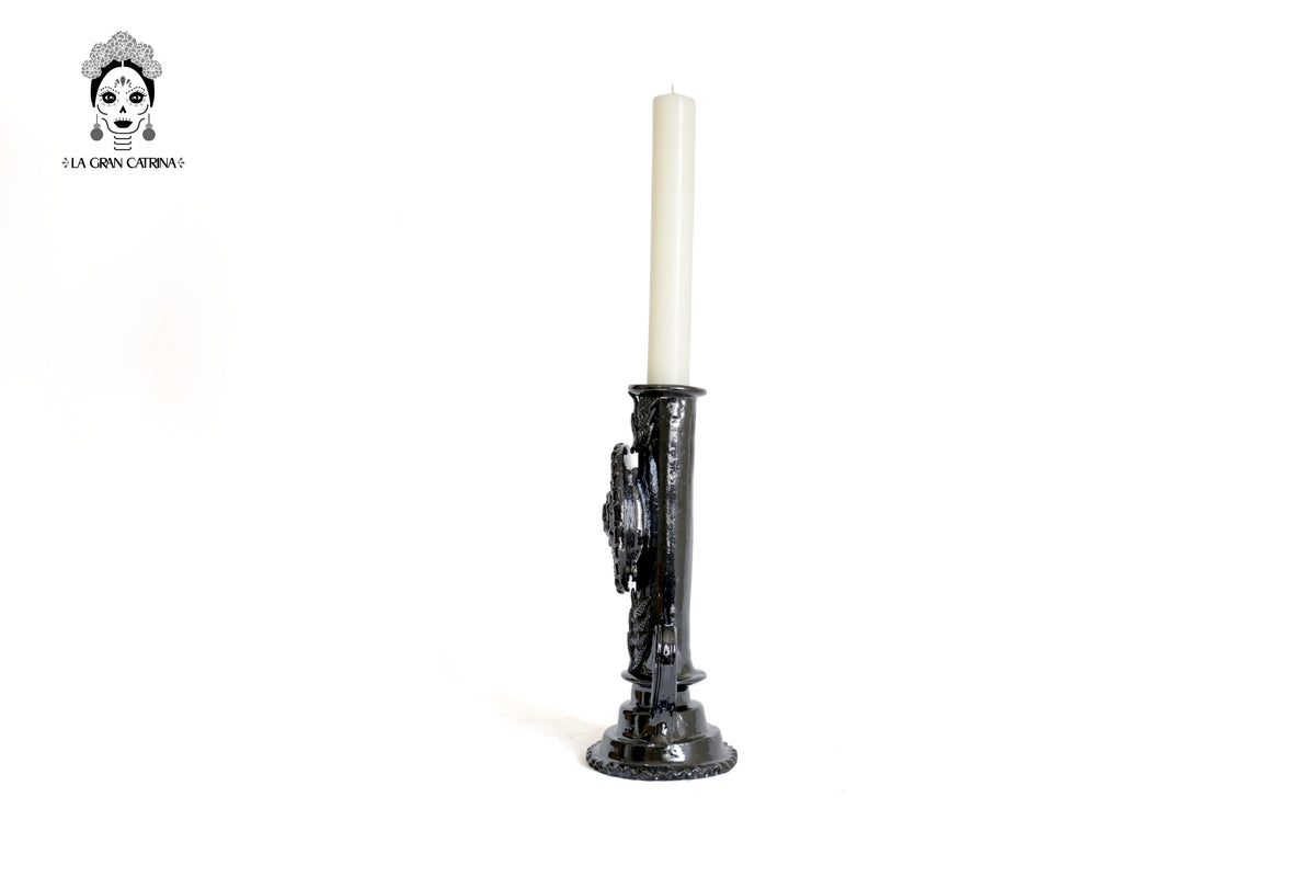 Candelero negro de 1 vela - Barro vidriado - 37.5 cm. 15 in.