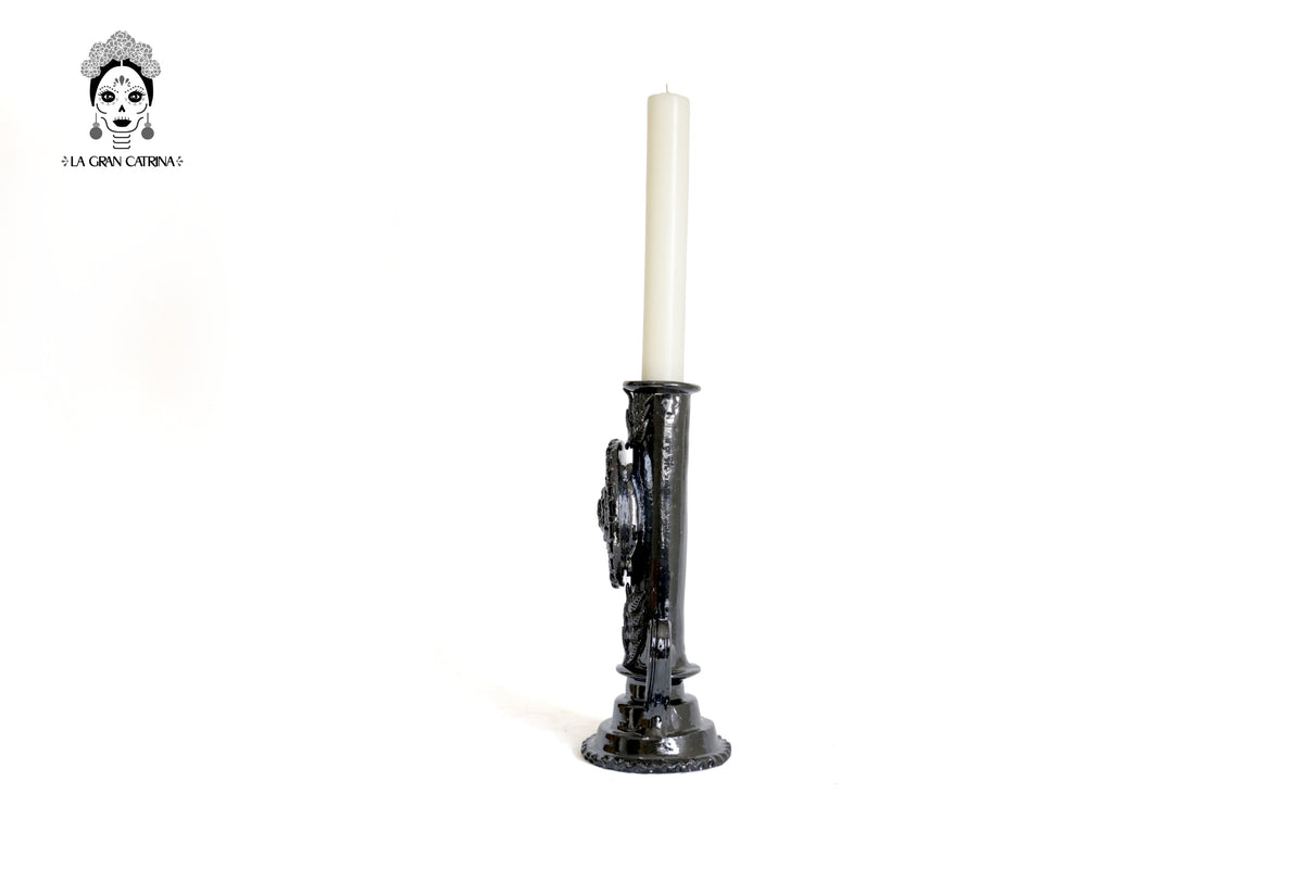 Candelero negro de 1 vela - Barro vidriado - 37.5 cm. 15 in. Candelabros