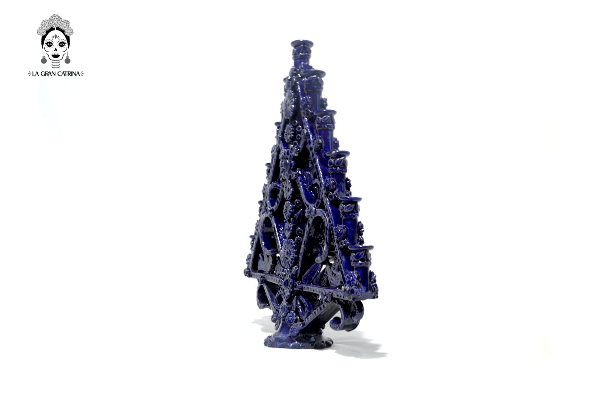Candelero Triangular azul de 11 velas - Barro vidriado - 50 cm. 20 in. Candelabros