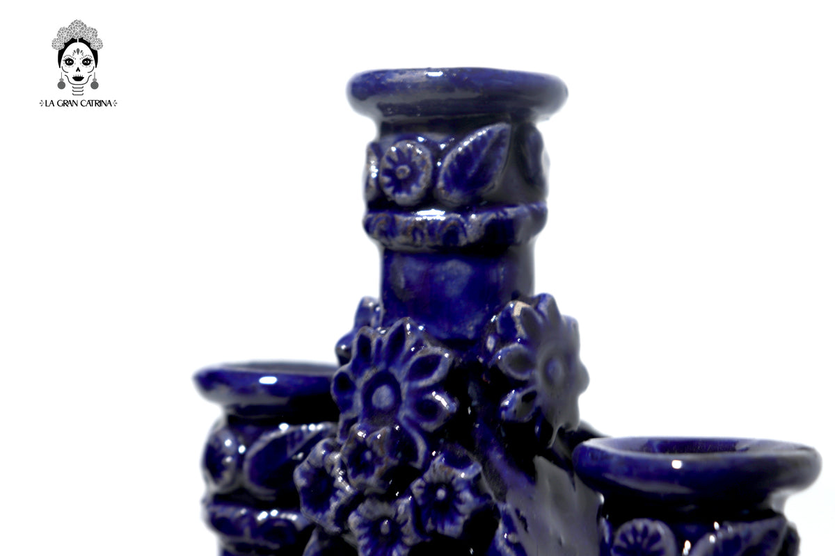 Candelero Triangular azul de 11 velas - Barro vidriado - 50 cm. 20 in. Candelabros